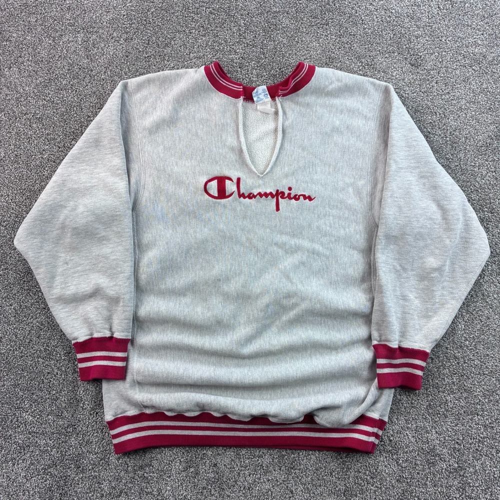 Vintage Champion Reverse Weave Sweatshirt Mens 2XL Gray Red Striped Trim Flawed